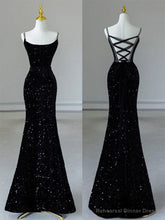 Sexy Mermaid Spaghetti Straps Sequin Black Long Prom Dresses